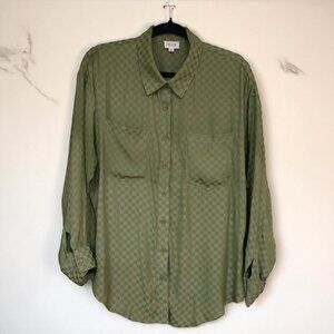 Le Lis Olive Green Checkered Satin Long Sleeve Button-Up Blouse